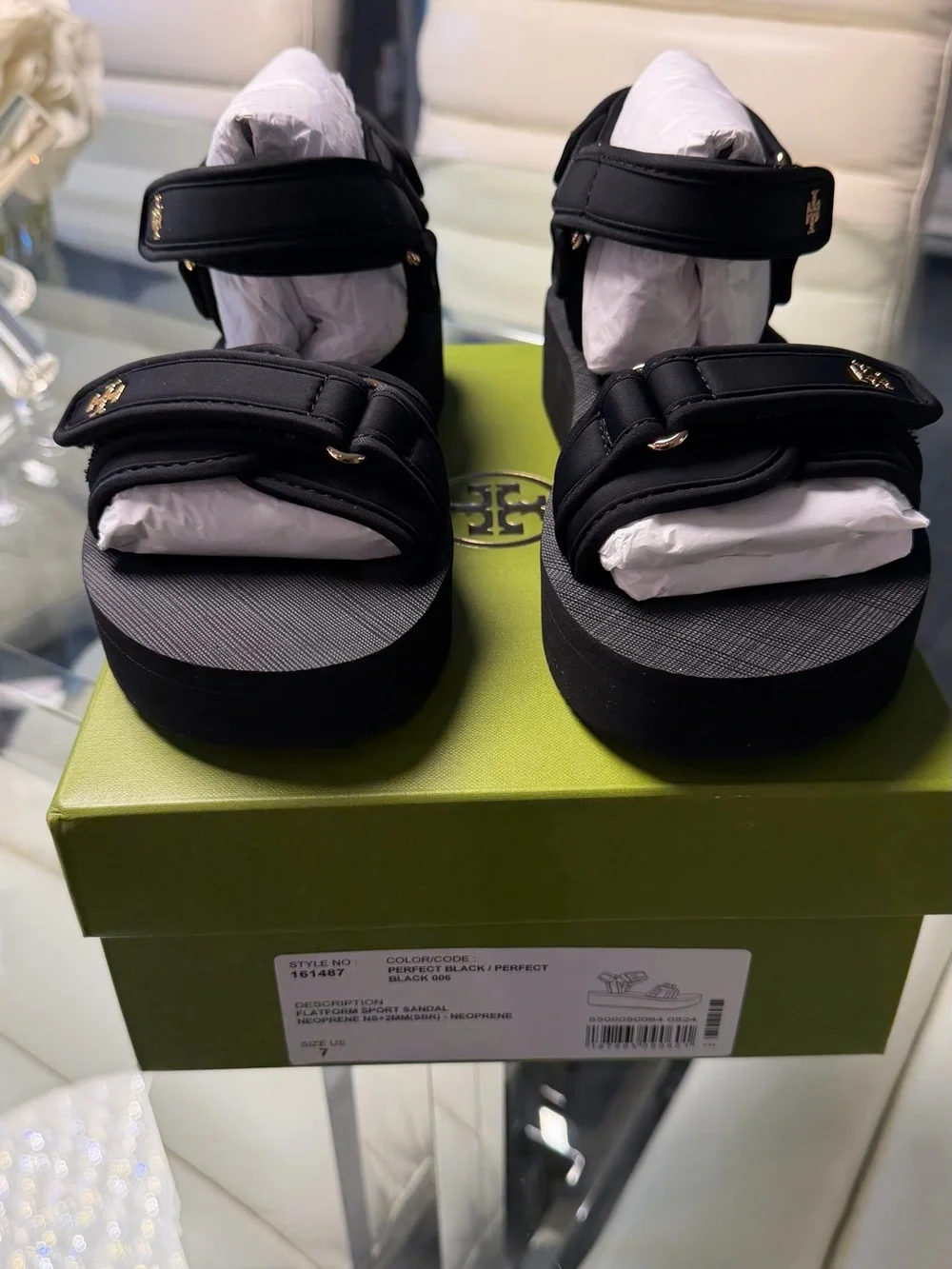 Tory Burch Black Platform Sandals with Gold Logo
